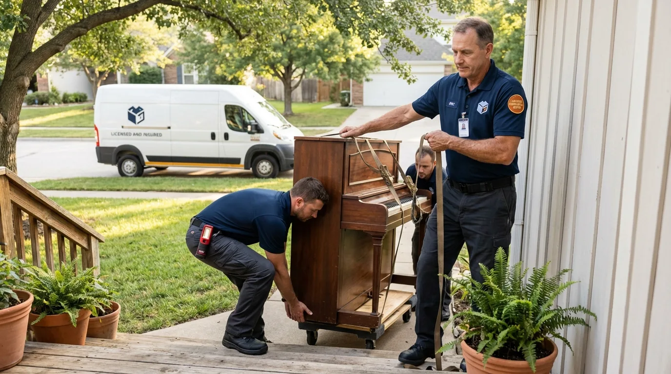 Licensed piano movers securing grand piano in Lockport, NY