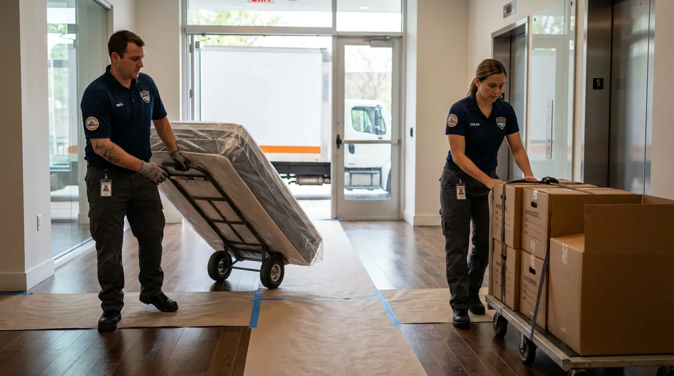 Professional apartment movers loading elevator in Lockport, NY